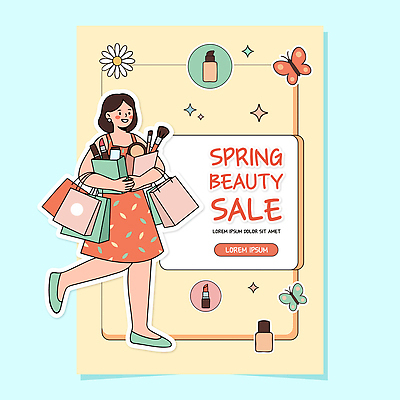 여자 패션 꽃 컬러 나비 일러스트 이벤트 쇼핑 화장 뷰티 쇼핑백 세일 봄 화장품 소비 상품 고객 즐거움 아이템 국내일러스트 AI파일 식물 계절 감정 곤충 가방 사람 파일형식 벡터