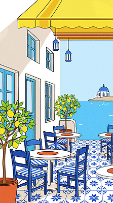 나무 식물 바다 여행 의자 일러스트 탁자 휴식 풍경 여름 햇빛 식당 카페 발코니 지중해 휴양지 산토리니 국내일러스트 AI파일 계절 가구 컨셉 빛 상점 장소 그리스 파일형식 벡터