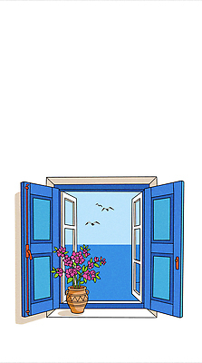 식물 꽃 화분 바다 컬러 일러스트 창문 자연 조류 하늘 풍경 여름 오픈 지중해 휴양지 산토리니 청명 국내일러스트 AI파일 동물 계절 장소 그리스 생태계 파일형식 벡터