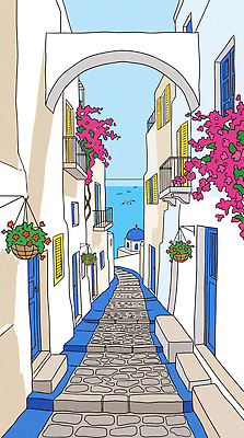 꽃 화분 길 바다 여행 일러스트 하늘 풍경 건물 여름 관광지 문 평화 발코니 골목길 지중해 휴양지 산토리니 국내일러스트 AI파일 식물 건축물 계절 컨셉 장소 그리스 파일형식 벡터