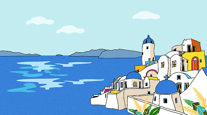 바다 여행 일러스트 하늘 풍경 해변 건물 여름 지중해 그리스 휴양지 산토리니 국내일러스트 AI파일 건축물 계절 유럽 장소 파일형식 벡터