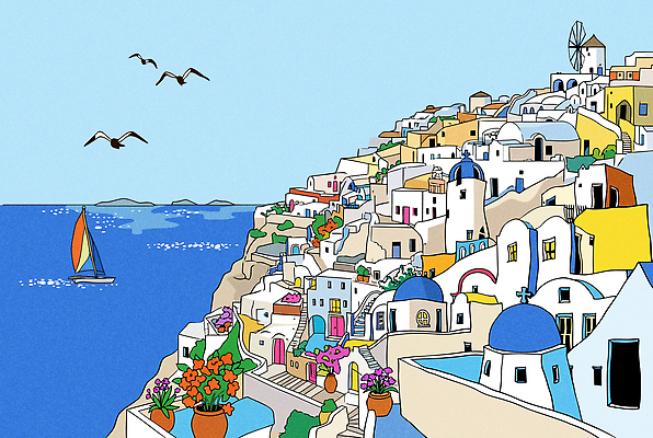 건축물 꽃 문화 바다 여행 일러스트 조류 하늘 지붕 주택 풍경 해변 여름 항구 보트 지중해 그리스 휴양지 산토리니 국내일러스트 AI파일 식물 동물 계절 건축 유럽 교통시설 건물 장소 배 선박 파일형식 벡터