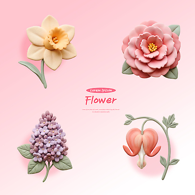 PSD 식물 편집이미지 꽃 컬러 봄꽃 점토 수선화 라일락 금낭화 모란 뷰티풀 편집3D 3D 봄 파일형식