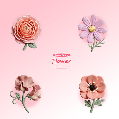 PSD 편집이미지 꽃 컬러 봄꽃 장미 공예 점토 스위트피 아네모네 편집3D 식물 취미 3D 봄 파일형식