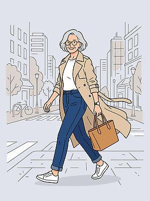 모델 여자 패션 노년 길 운동화 가방 일러스트 거리 사람 건물 일상 캐주얼 걷기 핸드백 도시 트렌치코트 스타일 국내일러스트 AI파일 건축물 잡화 옷 신발 모션 성인 라이프 코트 파일형식 벡터