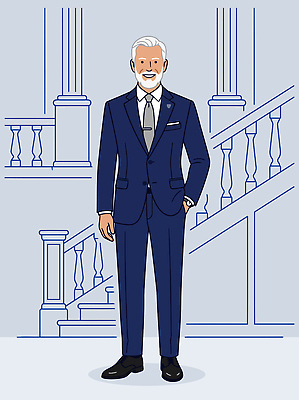 모델 옷 패션 노년 남자 포즈 일러스트 실내 미소 정장 계단 복도 모던 스타일 국내일러스트 AI파일 표정 사람 성인 내부 파일형식 벡터