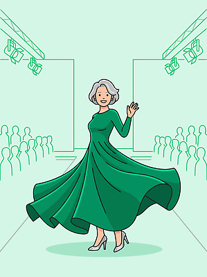 모델 드레스 여자 패션 노년 포즈 일러스트 미소 걷기 무대 군중 패션쇼 런웨이 스타일 국내일러스트 AI파일 옷 모션 표정 사람 성인 쇼 파일형식 벡터