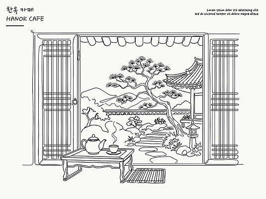나무 전통 문화 라인일러스트 일러스트 자연 탁자 주전자 휴식 한옥 한국 풍경 담장 정원 공간 카페 소나무 창호문 국내일러스트 AI파일 식물 한국전통 아시아 가구 컨셉 고건축 주방용품 문 상점 생태계 파일형식 벡터