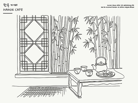 전통 음료 음식 일러스트 창문 탁자 휴식 한옥 한국 카페 분위기 대나무 다과 창호문 고풍 국내일러스트 AI파일 나무 한국전통 아시아 가구 컨셉 고건축 디저트 문 상점 파일형식 벡터