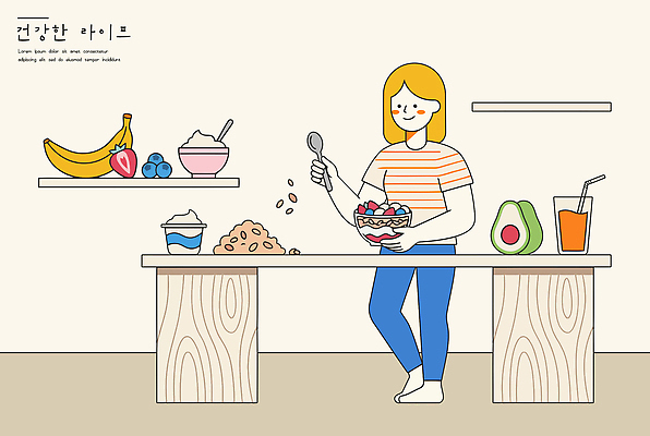 여자 음식 과일 일러스트 재료 탁자 딸기 디저트 바나나 건강 요리 사람 일상 생활 주스 블루베리 요거트 아보카도 스무디 국내일러스트 AI파일 음료 가구 유제품 라이프 파일형식 벡터