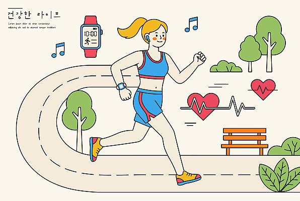 나무 공원 여자 음악 다이어트 벤치 일러스트 모션 아침 건강 사람 취미 일상 생활 운동복 달리기 운동 헬스 트랙 웨어러블 국내일러스트 AI파일 주간 식물 옷 공공시설 의자 문화예술 라이프 파일형식 벡터