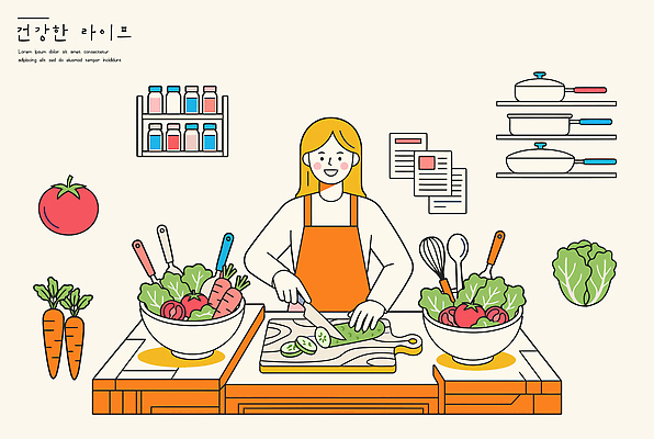 여자 음식 토마토 채소 일러스트 식탁 주방용품 건강 요리 일상 생활 주방 식사 당근 도구 양상추 저녁 레시피 손질 건강식 국내일러스트 AI파일 생활용품 탁자 뿌리채소 사람 라이프 밤 야간 파일형식 벡터