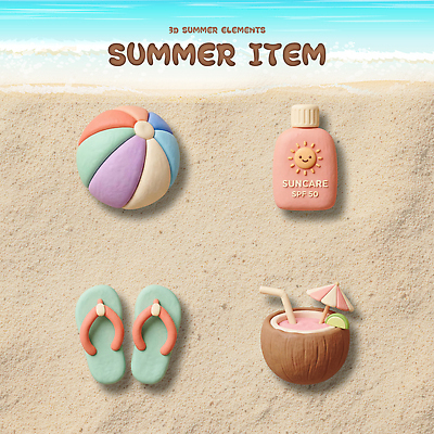 PSD 편집이미지 모래 놀이 휴가 슬리퍼 해변 여름 쪼리 비치볼 선크림 오브젝트 아이템 엘리먼트 코코넛주스 편집3D 계절 바다 신발 공 바캉스용품 3D 주스 화장품 샌들 코코넛 파일형식