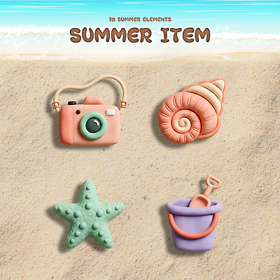 PSD 편집이미지 모래 바다 놀이 조개 불가사리 해변 여름 카메라 도구 양동이 오브젝트 아이템 엘리먼트 편집3D 계절 어패류 극피동물 전자제품 3D 파일형식