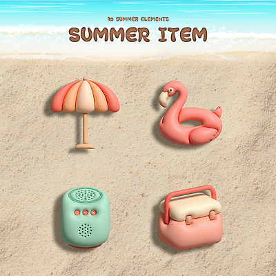 PSD 편집이미지 계절 모래 해변 여름 세트 스피커 파라솔 플라밍고 오브젝트 블루투스 아이스박스 아이템 엘리먼트 편집3D 바다 음향기기 조류 3D 파일형식