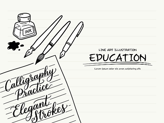 손글씨 교육 종이 예술 라인일러스트 일러스트 캘리그라피 잉크 펜 만년필 공간 도구 기록 작업 연습 그림 창작 국내일러스트 AI파일 필기구 파일형식 벡터