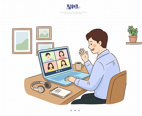 음료 음향기기 가구 다수 컨셉 비즈니스 실내 사람 전자제품 사무용품 상처 통화 파일형식 벡터 메모지 여러명 남자 노트북 소통 영상통화 사무실 화상 회의 집안 책상 커피 헤드폰 식물 협력 국내일러스트 AI파일 일러스트