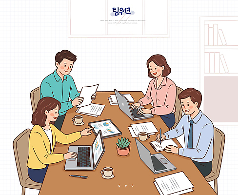 식기 가구 컨셉 회사 비즈니스 말하기 사람 전자제품 작업 파일형식 벡터 사무실 회의 협력 노트북 문서 대화 책상 컵 식물 탁자 업무 계획 직장 기획 남자 국내일러스트 AI파일 일러스트