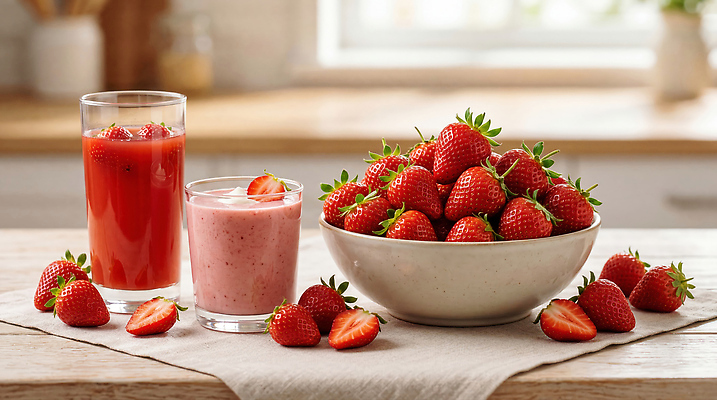 JPG 편집이미지 음료 과일 탁자 딸기 디저트 요리 주방 주스 신선 먹기 스무디 편집실사 AI포토 AI콘텐츠 음식 가구 모션 CG 파일형식