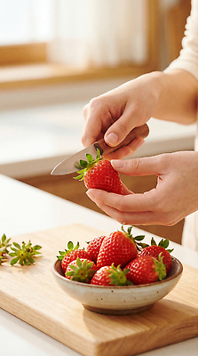 JPG 편집이미지 그릇 손 과일 재료 창문 딸기 주방용품 요리 사람 햇빛 주방 신선 칼 자르기 손질 의료성형뷰티 편집실사 AI인물포토 AI콘텐츠 식기 생활용품 모션 신체부위 태양 CG 파일형식 AI포토