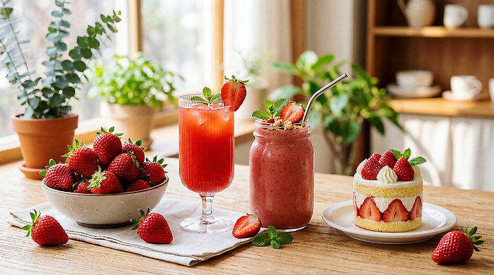 JPG 편집이미지 음료 과일 딸기 디저트 햇빛 케이크 주스 신선 잼 스무디 오후 편집실사 AI포토 AI콘텐츠 음식 태양 소스_음식 CG 파일형식