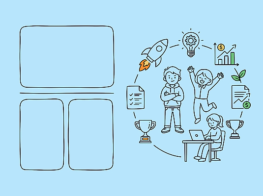 디자인 생각 일러스트 비즈니스 성공 협력 아이디어 실험 청년 학습 도전 성장 발전 목표 계획 열정 문제해결 창의성 창업지원 국내일러스트 AI파일 교육 감정 컨셉 성인 지원 파일형식 벡터