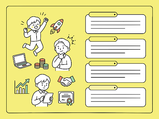 일러스트 비즈니스 성공 협력 아이디어 실험 청년 자료 거래 도전 성장 발표 목표 결과 계획 분석 기회 투자 전략 실적 조언 창업지원 국내일러스트 AI파일 컨셉 성인 지원 파일형식 벡터