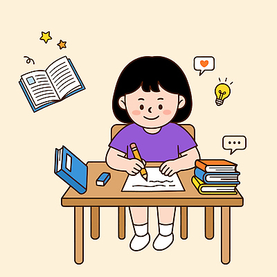 교육 어린이 생각 일러스트 책 학습 필기구 기록 책상 즐거움 상상력 창의력 국내일러스트 AI파일 감정 가구 문구용품 사람 파일형식 벡터