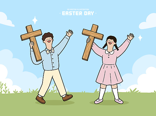기념일 행복 종교 어린이 일러스트 모션 부활절 웃음 두명 교회 믿음 축제 기쁨 축하 나무십자가 국내일러스트 AI파일 감정 컨셉 십자가 표정 사람 이벤트 파일형식 벡터