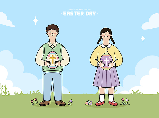 기념일 꽃 어린이 일러스트 하늘 부활절 들기 소녀 소년 잔디 계란 축제 즐거움 부활절계란 국내일러스트 AI파일 식물 여자 남자 감정 모션 사람 이벤트 알 파일형식 벡터