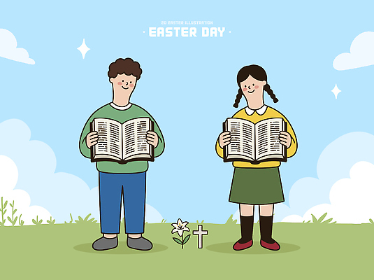기념일 꽃 종교 어린이 십자가 일러스트 부활절 들기 소녀 소년 잔디 초원 책 성경 축하 읽기 즐거움 국내일러스트 AI파일 식물 여자 남자 감정 컨셉 종교용품 모션 사람 이벤트 파일형식 벡터