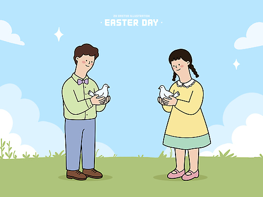 어린이 일러스트 하늘 부활절 사랑 초원 친구 평화 비둘기 국내일러스트 AI파일 기념일 감정 컨셉 관계 조류 사람 파일형식 벡터