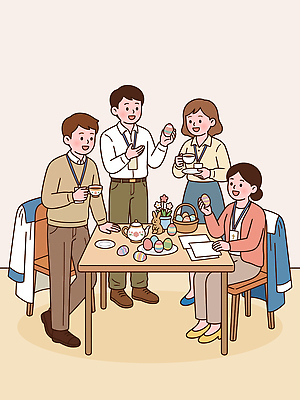 음식 일러스트 탁자 부활절 함께함 따뜻함 이야기 대화 웃음 여러명 모임 즐거움 부활절계란 국내일러스트 AI파일 기념일 감정 가구 다수 컨셉 표정 말하기 사람 계란 파일형식 벡터