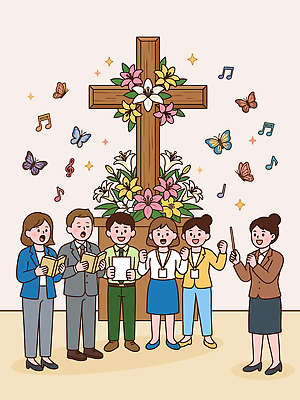 꽃 행복 종교 음악 십자가 일러스트 모션 부활절 여러명 교회 축제 모임 찬송가 찬양 합창 국내일러스트 AI파일 식물 기념일 감정 다수 노래 문화예술 사람 파일형식 벡터