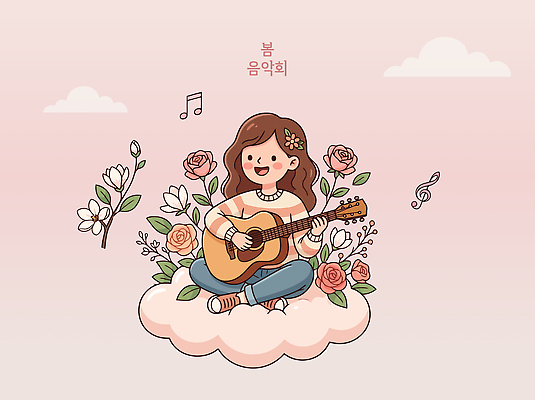 꽃 행복 예술 음악 연주 일러스트 앉기 소녀 봄 기타 즐거움 음악회 국내일러스트 AI파일 식물 계절 여자 감정 어린이 모션 현악기 문화예술 공연 파일형식 벡터