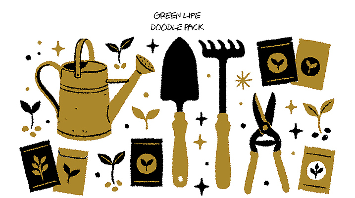 식물 일러스트 자연 씨앗 물뿌리개 도구 낙서 삽 원예 패키지 정원가꾸기 식물키우기 원예용품 국내일러스트 AI파일 생활용품 취미 생태계 파일형식 벡터