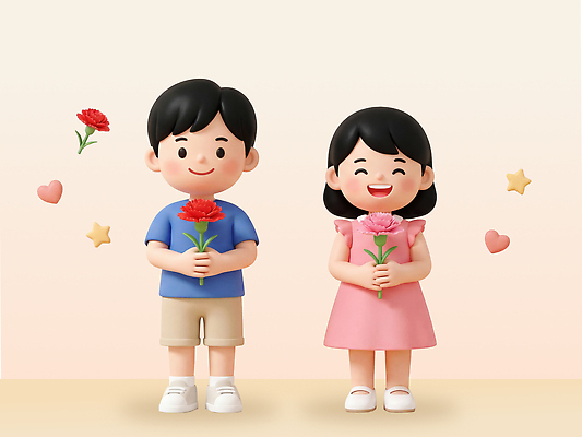 PSD 편집이미지 캐릭터 꽃 행복 어린이 사랑 웃음 소녀 친구 기쁨 어버이날 스승의날 카네이션 감사 가정의달 편집3D 식물 여자 기념일 감정 관계 표정 사람 3D 5월 파일형식