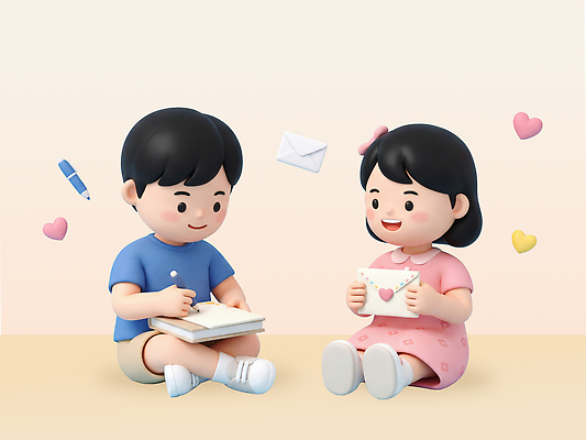 PSD 편집이미지 행복 어린이 사랑 앉기 친구 공책 소식 편지 감사 교류 소통 편집3D 감정 컨셉 관계 모션 문구용품 사람 3D 파일형식