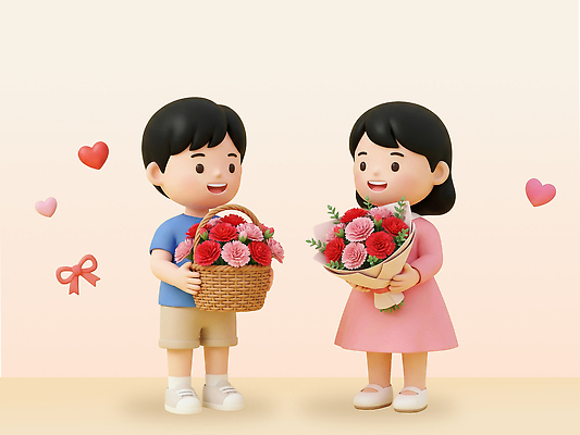 PSD 편집이미지 꽃 행복 어린이 꽃다발 선물 사랑 미소 소녀 소년 바구니 기쁨 감사 편집3D 식물 여자 남자 감정 표정 사람 3D 파일형식