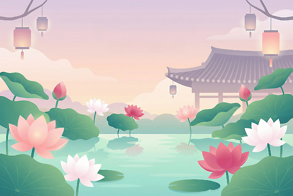 JPG 전통 꽃 일러스트 자연 하늘 조명 연꽃 풍경 건물 물 평화 일몰 봄 부처님오신날 연못 수면 뷰티풀 국내일러스트 AI일러스트 AI콘텐츠 자연요소 식물 건축물 계절 기념일 컨셉 노을 생태계 파일형식