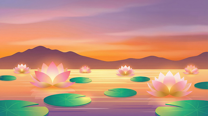 JPG 호수 일러스트 자연 하늘 산 연꽃 풍경 물 평화 주황색 일몰 부처님오신날 수면 국내일러스트 AI일러스트 AI콘텐츠 자연요소 기념일 꽃 컬러 컨셉 노을 생태계 파일형식