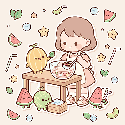 캐릭터 과일 일러스트 탁자 디저트 수박 소녀 여름 친구 멜론 즐거움 국내일러스트 AI파일 계절 여자 감정 어린이 음식 가구 관계 파일형식 벡터