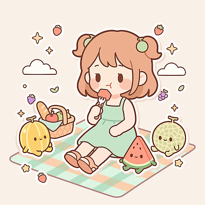 캐릭터 어린이 과일 일러스트 딸기 디저트 수박 여름 친구 소풍 바구니 귀여움 멜론 즐거움 국내일러스트 AI파일 계절 감정 음식 컨셉 관계 사람 야외활동 파일형식 벡터
