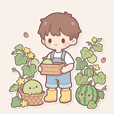 식물 꽃 어린이 과일 일러스트 수박 여름 농작물 바구니 정원 덩굴 멜론 즐거움 국내일러스트 AI파일 계절 감정 농업 사람 파일형식 벡터