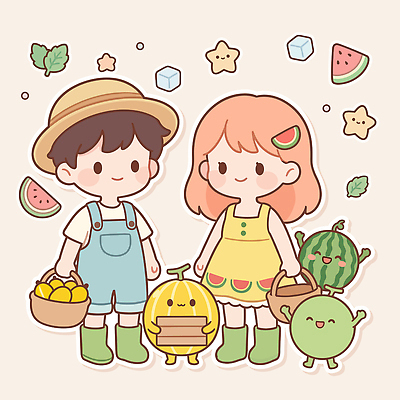 캐릭터 과일 일러스트 수박 웃음 소녀 소년 여름 귀여움 멜론 국내일러스트 AI파일 계절 여자 남자 어린이 컨셉 표정 파일형식 벡터