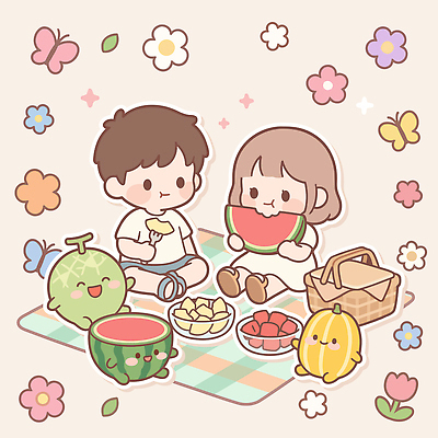 꽃 어린이 나비 과일 일러스트 디저트 수박 소녀 소년 여름 친구 소풍 국내일러스트 AI파일 식물 계절 여자 남자 음식 곤충 관계 사람 야외활동 파일형식 벡터