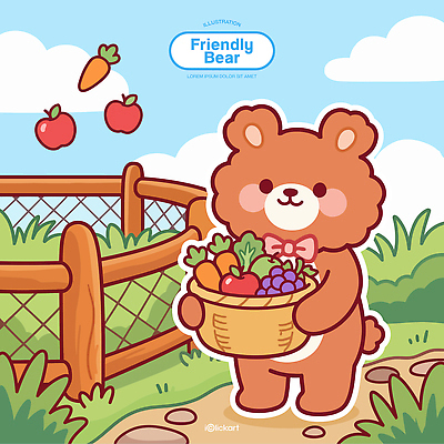 동물 캐릭터 길 채소 과일 일러스트 곰 자연 하늘 웃음 여름 울타리 농장 바구니 귀여움 수확 국내일러스트 AI파일 계절 컨셉 농업 포유류 표정 담장 생태계 파일형식 벡터