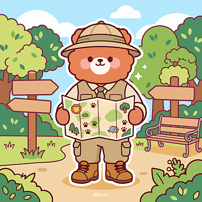 나무 동물 공원 길 인형 지도 일러스트 곰 자연 하늘 야외 산책로 표지판 국내일러스트 AI파일 식물 공공시설 포유류 알림판 생태계 파일형식 벡터