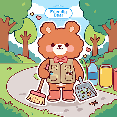 나무 캐릭터 일러스트 곰 모션 미소 귀여움 정원 도구 청소 즐거움 오브젝트 국내일러스트 AI파일 식물 동물 감정 컨셉 포유류 표정 파일형식 벡터