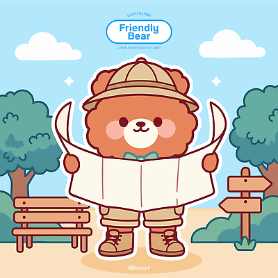 나무 캐릭터 공원 지도 벤치 일러스트 곰 자연 하늘 탐험 즐거움 아기곰 국내일러스트 AI파일 식물 동물 공공시설 감정 새끼 의자 포유류 생태계 파일형식 벡터
